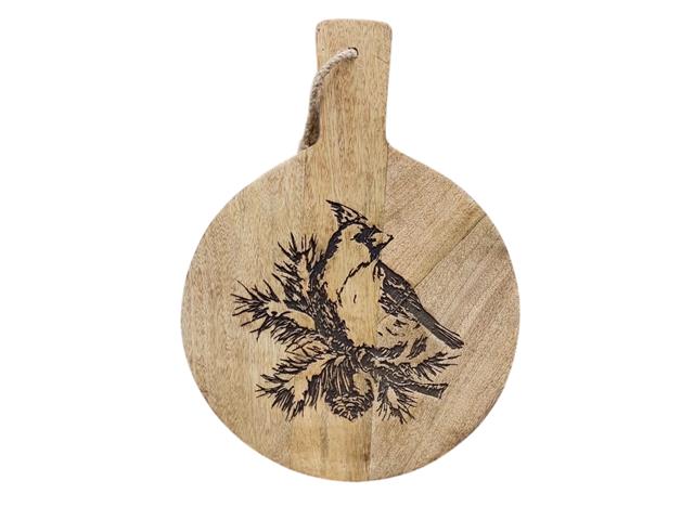 10" MANGO WOOD ROUND CARDINAL ETCHED CHEESE BOARD